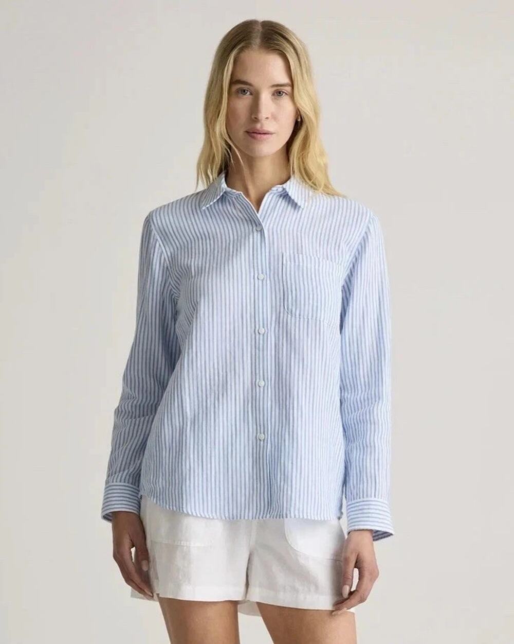 Quince Organic Cotton Gauze Button Down Shirt Bayside Blue Stripe Size Large